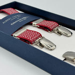 Albert Thurston for Cruciani &amp; Bella

Made in England
Clip on
Adjustable Sizing
25 mm elastic braces
Red and White Motif
X-Shaped
Nickel Fittings
Size: L