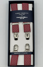 Albert Thurston for Cruciani &amp; Bella

Made in England
Clip on
Adjustable Sizing
25 mm elastic braces
Red and White Motif
X-Shaped
Nickel Fittings
Size: L