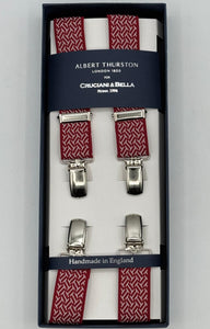 Albert Thurston for Cruciani &amp; Bella

Made in England
Clip on
Adjustable Sizing
25 mm elastic braces
Red and White Motif
X-Shaped
Nickel Fittings
Size: L