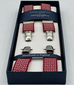 Albert Thurston for Cruciani &amp; Bella

Made in England
Clip on
Adjustable Sizing
25 mm elastic braces
Red and White Motif
X-Shaped
Nickel Fittings
Size: L