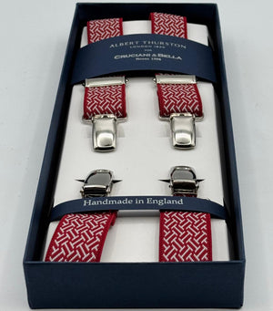 Albert Thurston for Cruciani &amp; Bella

Made in England
Clip on
Adjustable Sizing
25 mm elastic braces
Red and White Motif
X-Shaped
Nickel Fittings
Size: L