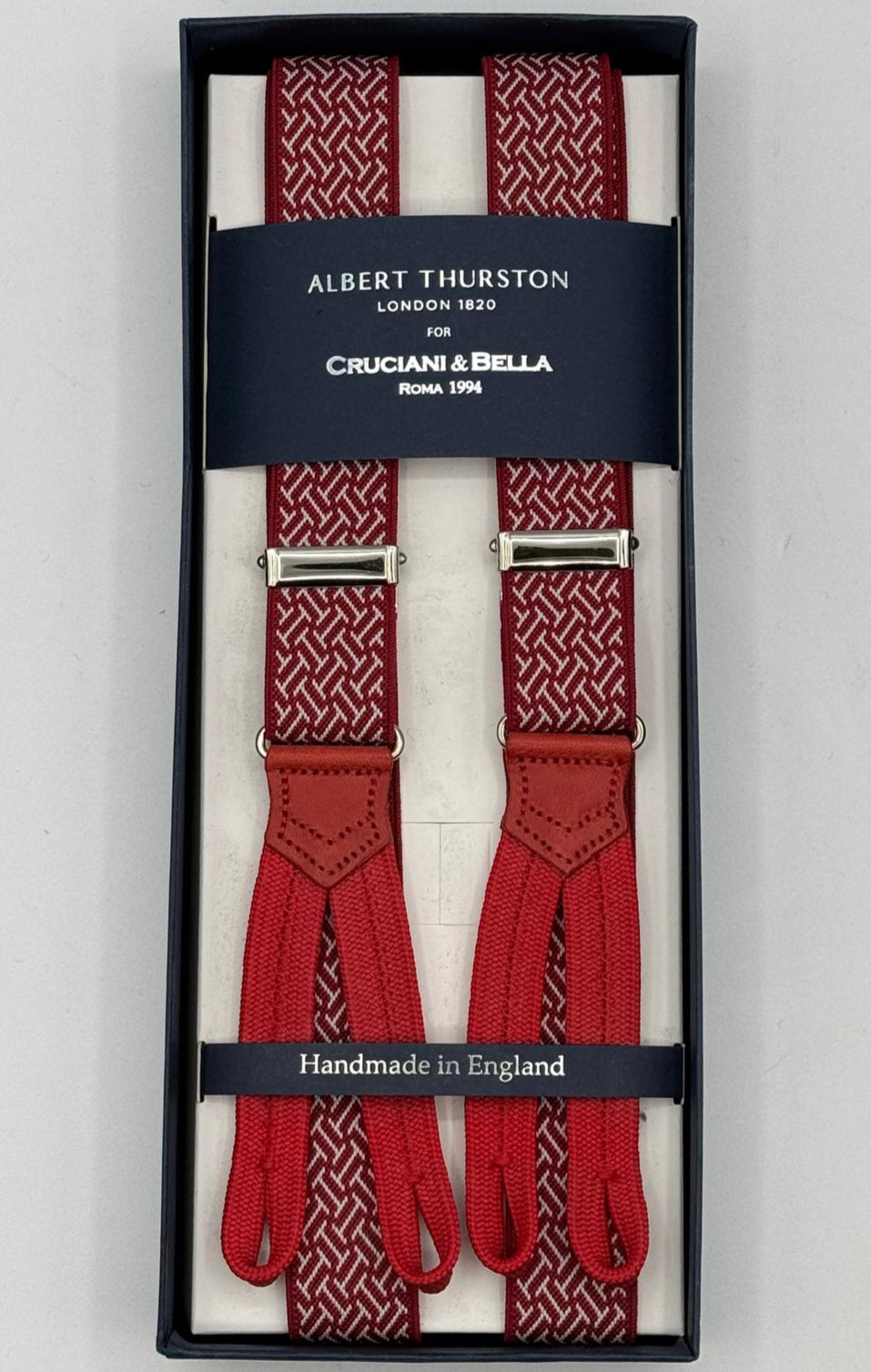 Albert Thurston for Cruciani &amp; Bella
Made in England
Adjustable Sizing
25 mm elastic braces
Red, White Motif
Braid ends
Y-Shaped
Nickel&nbsp; Fittings
Size: L