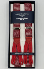 Albert Thurston for Cruciani &amp; Bella
Made in England
Adjustable Sizing
25 mm elastic braces
Red, White Motif
Braid ends
Y-Shaped
Nickel&nbsp; Fittings
Size: L