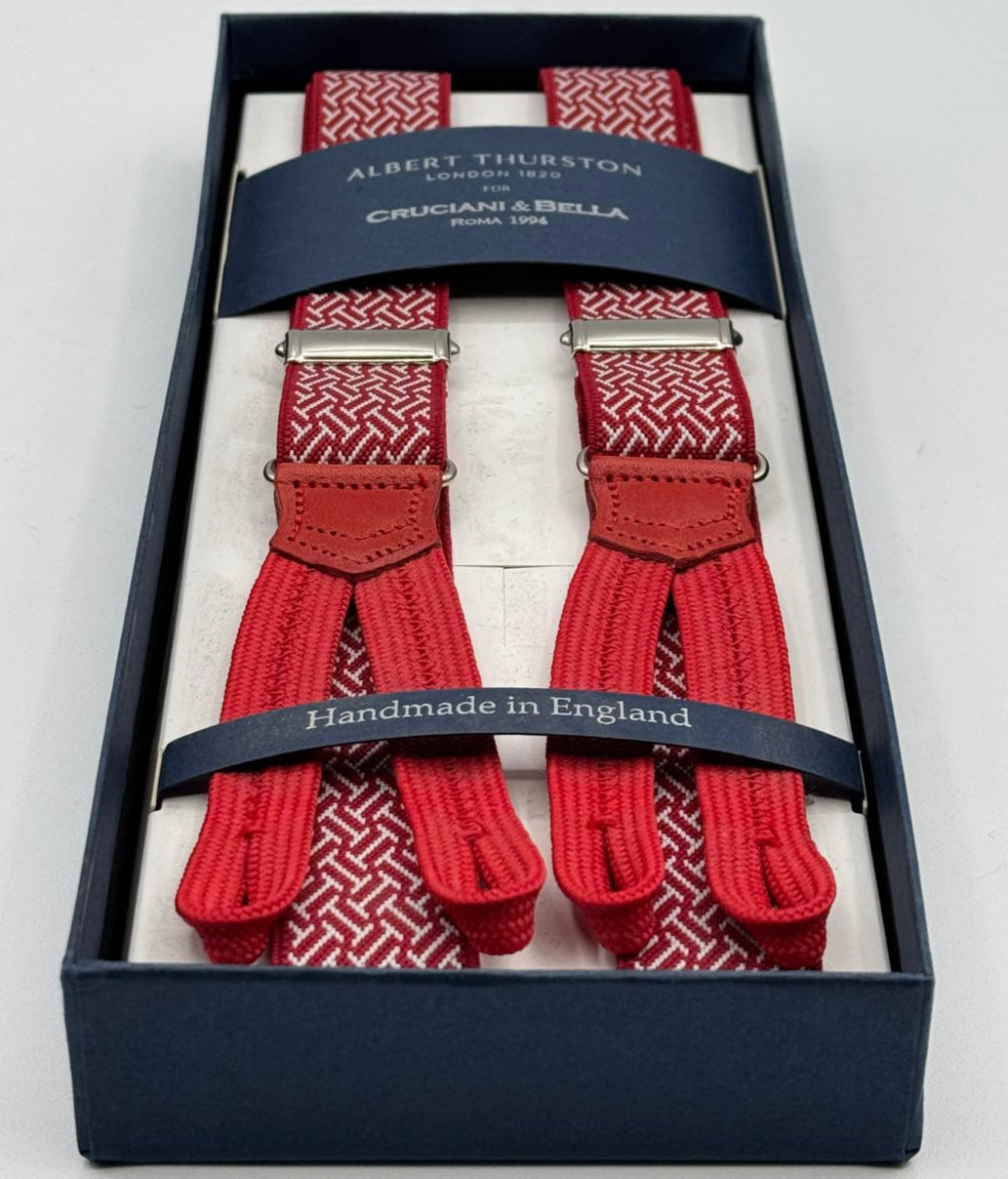 Albert Thurston for Cruciani &amp; Bella
Made in England
Adjustable Sizing
25 mm elastic braces
Red, White Motif
Braid ends
Y-Shaped
Nickel&nbsp; Fittings
Size: L