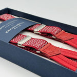 Albert Thurston for Cruciani &amp; Bella
Made in England
Adjustable Sizing
25 mm elastic braces
Red, White Motif
Braid ends
Y-Shaped
Nickel&nbsp; Fittings
Size: L