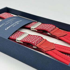Albert Thurston for Cruciani &amp; Bella
Made in England
Adjustable Sizing
25 mm elastic braces
Red, White Motif
Braid ends
Y-Shaped
Nickel&nbsp; Fittings
Size: L