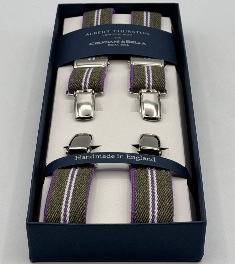 Albert Thurston for Cruciani &amp; Bella

Made in England
Clip on
Adjustable Sizing
25 mm elastic braces
Light Green, Pink and White Stripes
X-Shaped
Nickel Fittings
Size: L