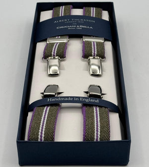 Albert Thurston for Cruciani &amp; Bella

Made in England
Clip on
Adjustable Sizing
25 mm elastic braces
Light Green, Pink and White Stripes
X-Shaped
Nickel Fittings
Size: L