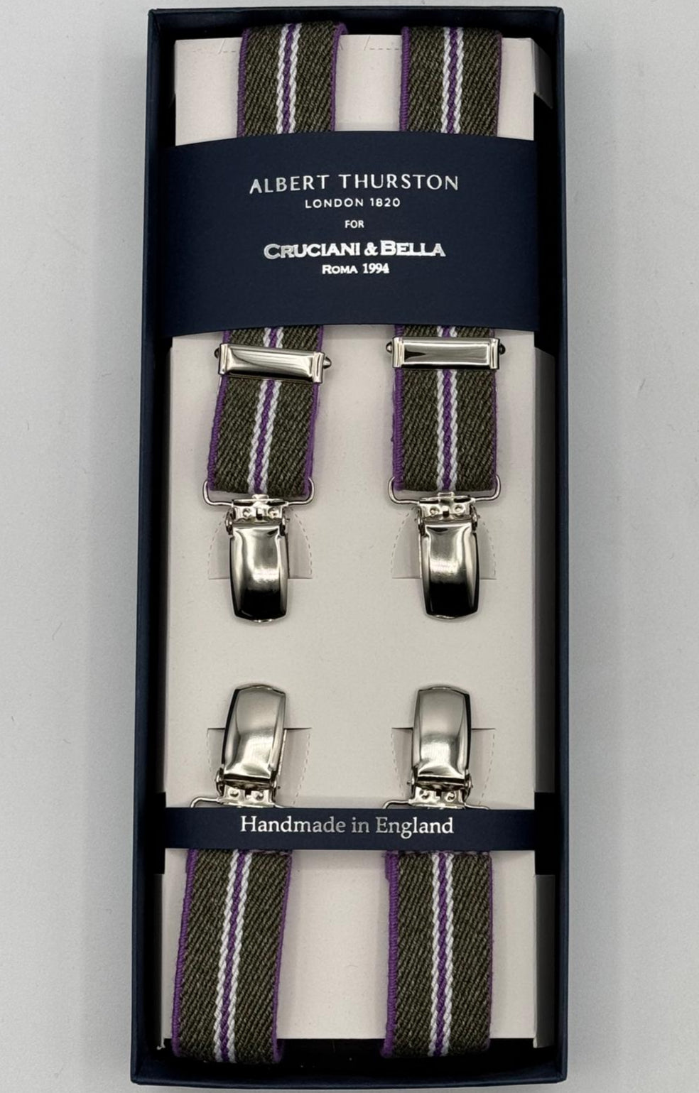 Albert Thurston for Cruciani &amp; Bella

Made in England
Clip on
Adjustable Sizing
25 mm elastic braces
Light Green, Pink and White Stripes
X-Shaped
Nickel Fittings
Size: L