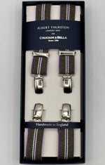 Albert Thurston for Cruciani &amp; Bella

Made in England
Clip on
Adjustable Sizing
25 mm elastic braces
Light Green, Pink and White Stripes
X-Shaped
Nickel Fittings
Size: L