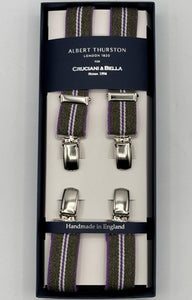 Albert Thurston for Cruciani &amp; Bella

Made in England
Clip on
Adjustable Sizing
25 mm elastic braces
Light Green, Pink and White Stripes
X-Shaped
Nickel Fittings
Size: L