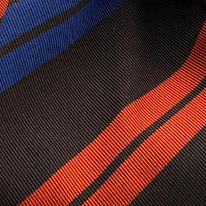 Cruciani &amp; Bella
50% Cotton 50% Silk&nbsp;

Tipped&nbsp;
Brown, Orange and Blue stripes

Handmade in Italy
9 cm x 148 cm
New Old Stock