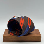 Cruciani &amp; Bella
50% Cotton 50% Silk&nbsp;

Tipped&nbsp;
Brown, Orange and Blue stripes

Handmade in Italy
9 cm x 148 cm
New Old Stock