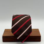Cruciani &amp; Bella
50% Cotton 50% Silk&nbsp;

Self Tipped&nbsp;
Brown, Pink and Red stripes

Handmade in Italy
9 cm x 148 cm
New Old Stock