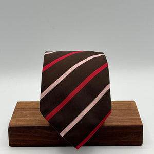 Cruciani &amp; Bella
50% Cotton 50% Silk&nbsp;

Self Tipped&nbsp;
Brown, Pink and Red stripes

Handmade in Italy
9 cm x 148 cm
New Old Stock