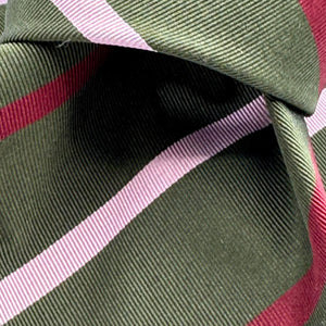 Cruciani &amp; Bella
50% Cotton 50% Silk&nbsp;

Self Tipped&nbsp;
Green, Pink and Red stripes

Handmade in Italy
9 cm x 148 cm
New Old Stock