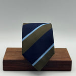 Cruciani &amp; Bella
100% Silk
Tipped
Blue, Green and Light Blue Stripes Tie
Handmade in Italy
8 cm x 148 cm
New Old Stock