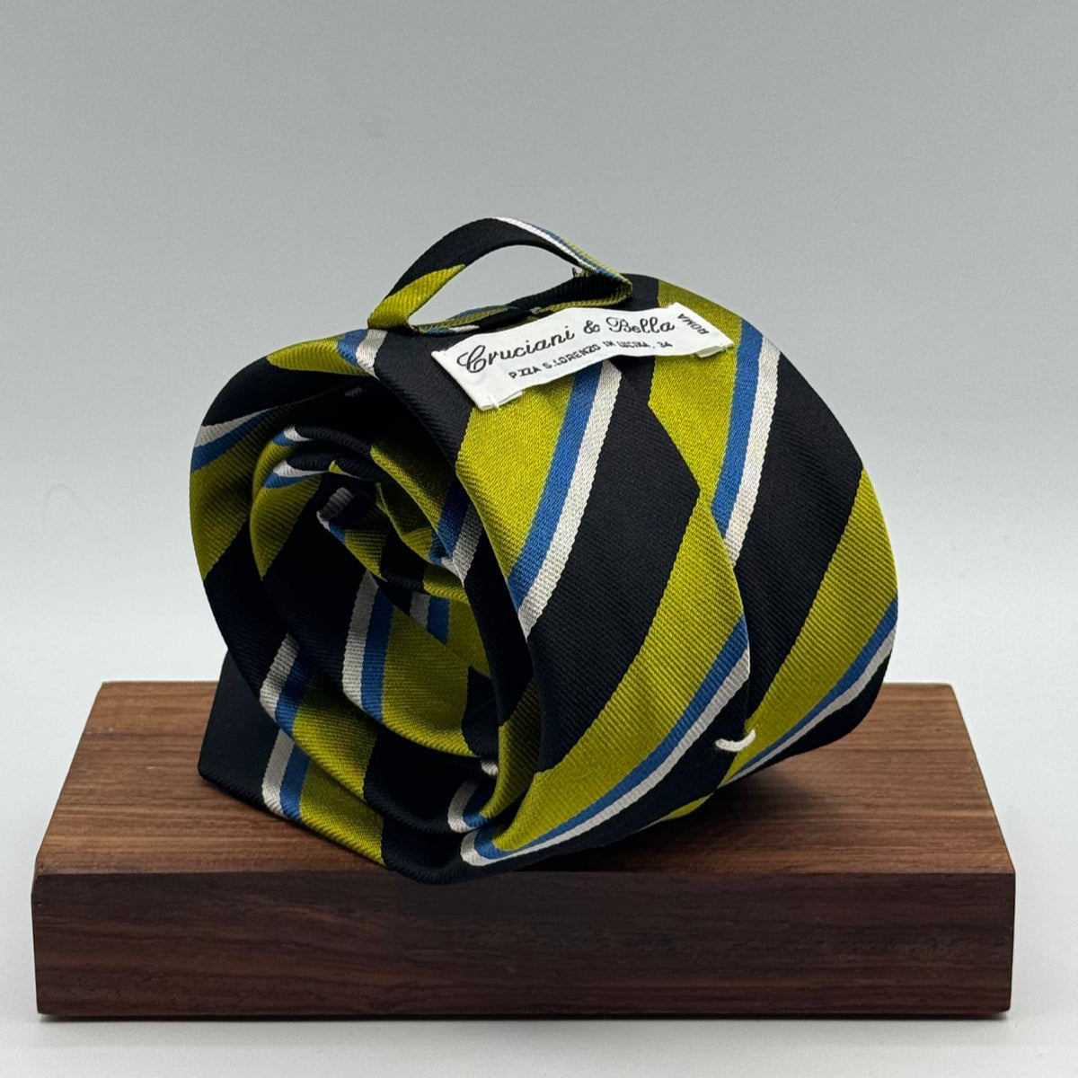 Cruciani &amp; Bella
100% Silk&nbsp;
Woven Jaquard
Self Tipped&nbsp;
Black, Apple Green, Light Blue and Silver Stripes
Handmade in Italy
9 cm x 148 cm
New Old Stock