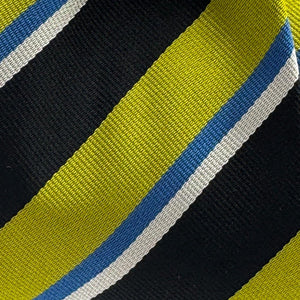 Cruciani &amp; Bella
100% Silk&nbsp;
Woven Jaquard
Self Tipped&nbsp;
Black, Apple Green, Light Blue and Silver Stripes
Handmade in Italy
9 cm x 148 cm
New Old Stock