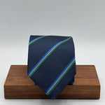 Cruciani &amp; Bella
100% Woven Silk&nbsp;

Crazy Regimental Tie
Tipped&nbsp;
Blue, Light Blue, Green, White Stripes

Handmade in Italy
8,5 cm x 148 cm
New Old Stock