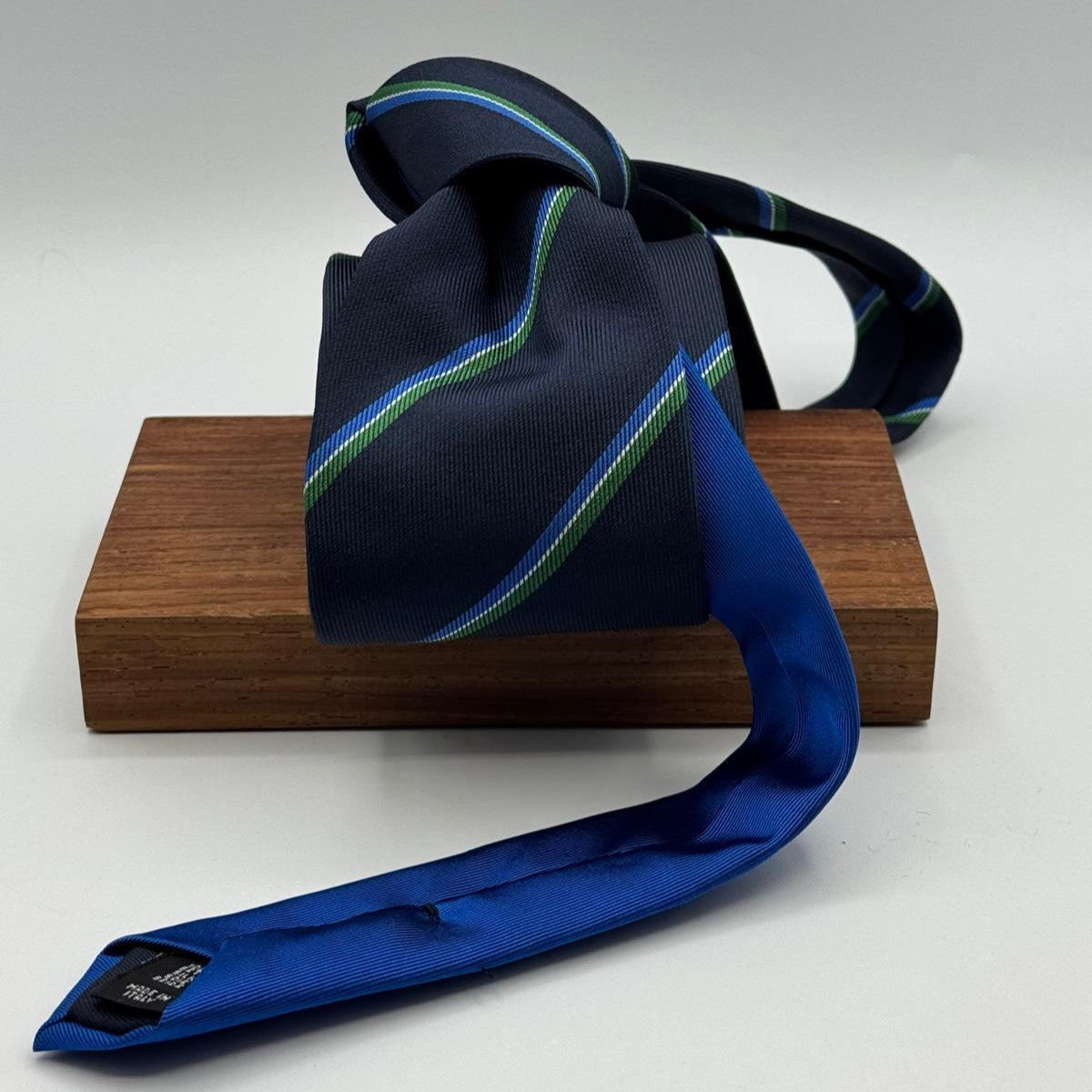 Cruciani &amp; Bella
100% Woven Silk&nbsp;

Crazy Regimental Tie
Tipped&nbsp;
Blue, Light Blue, Green, White Stripes

Handmade in Italy
8,5 cm x 148 cm
New Old Stock