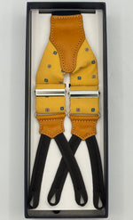 Cruciani &amp; Bella Suspender
Handmade in Italy&nbsp;
Adjustable Sizing
Madder Silk
35 mm Wide
Yellow and Light Blue Motif&nbsp;
Braid Ends
Y-Shaped
Nickel Fittings
Size Multifit Adjustable&nbsp;Length: 125cm (= 49 inch) Maximum