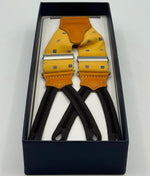 Cruciani &amp; Bella Suspender
Handmade in Italy&nbsp;
Adjustable Sizing
Madder Silk
35 mm Wide
Yellow and Light Blue Motif&nbsp;
Braid Ends
Y-Shaped
Nickel Fittings
Size Multifit Adjustable&nbsp;Length: 125cm (= 49 inch) Maximum