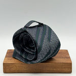 Drake's for Cruciani &amp; Bella
100%&nbsp; Woven Silk
Tipped
Grey Melange, Dark Blue and Green Stripes
Handmade in London, England
8 cm x 150 cm