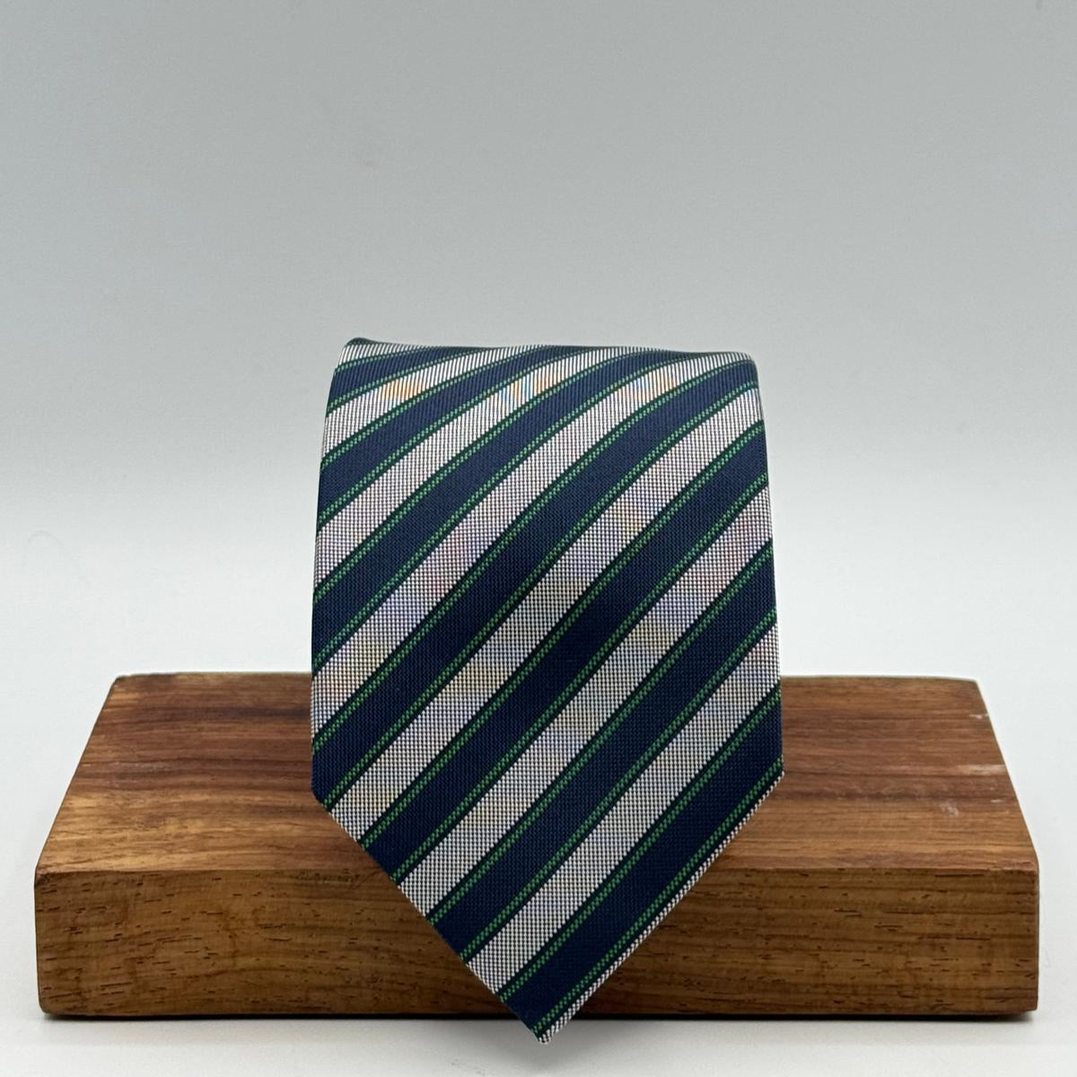 Drake's for Cruciani &amp; Bella
100%&nbsp; Woven Silk
Tipped
Grey, Dark Blue and Green Stripes
Handmade in London, England
8 cm x 150 cm