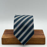 Drake's for Cruciani &amp; Bella
100%&nbsp; Woven Silk
Tipped
Grey, Dark Blue and Green Stripes
Handmade in London, England
8 cm x 150 cm