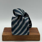 Drake's for Cruciani &amp; Bella
100%&nbsp; Woven Silk
Tipped
Grey, Dark Blue and Green Stripes
Handmade in London, England
8 cm x 150 cm