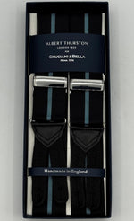 Albert Thurston for Cruciani &amp; Bella
Made in England
Adjustable Sizing
40 mm Woven Barathea&nbsp;
Black and Blue Stripes&nbsp; Braces
Y-Shaped
Nickel Fittings
Size Multifit Adjustable&nbsp;Length:&nbsp;115cm (= 45 inch) Maximum