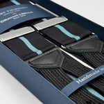 Albert Thurston for Cruciani &amp; Bella
Made in England
Adjustable Sizing
40 mm Woven Barathea&nbsp;
Black and Blue Stripes&nbsp; Braces
Y-Shaped
Nickel Fittings
Size Multifit Adjustable&nbsp;Length:&nbsp;115cm (= 45 inch) Maximum