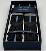 Albert Thurston for Cruciani &amp; Bella
Made in England
Adjustable Sizing
40 mm Woven Barathea&nbsp;
Black and Blue Stripes&nbsp; Braces
Y-Shaped
Nickel Fittings
Size Multifit Adjustable&nbsp;Length:&nbsp;115cm (= 45 inch) Maximum