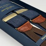 Albert Thurston for Cruciani &amp; Bella
Made in England
Adjustable Sizing
40 mm braces
100% Cotton Chambray
Blue Plain Color
Braid ends
Y-Shaped
Gold Fittings
Size Multifit Adjustable&nbsp;Length:&nbsp;115cm (= 45 inch) Maximum