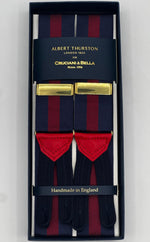 Albert Thurston for Cruciani &amp; Bella
Made in England
Adjustable Sizing
40 mm Woven Barathea&nbsp;
Navy and Red stripes Braces
Braid ends
Y-Shaped
Gold Fittings
Size Multifit Adjustable&nbsp;Length:&nbsp;115cm (= 45 inch) Maximum