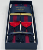Albert Thurston for Cruciani &amp; Bella
Made in England
Adjustable Sizing
40 mm Woven Barathea&nbsp;
Navy and Red stripes Braces
Braid ends
Y-Shaped
Gold Fittings
Size Multifit Adjustable&nbsp;Length:&nbsp;115cm (= 45 inch) Maximum