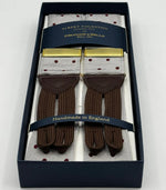 Albert Thurston for Cruciani &amp; Bella
Made in England
Adjustable Sizing
40 mm Woven Barathea
Dirty White, Brick Dots
Braid ends
Y-Shaped
Gold Fittings
Size Multifit Adjustable&nbsp;Length:&nbsp;115cm (= 45 inch) Maximum