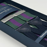 Albert Thurston for Cruciani &amp; Bella
Made in England
Adjustable Sizing
40 mm Woven Barathea&nbsp;
Green and Purple Stripes Braces
Braid ends
Y-Shaped
Nickel Fittings
Size Multifit Adjustable&nbsp;Length:&nbsp;115cm (= 45 inch) Maximum