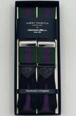 Albert Thurston for Cruciani &amp; Bella
Made in England
Adjustable Sizing
40 mm Woven Barathea&nbsp;
Green and Purple Stripes Braces
Braid ends
Y-Shaped
Nickel Fittings
Size Multifit Adjustable&nbsp;Length:&nbsp;115cm (= 45 inch) Maximum