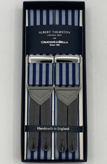 Albert Thurston for Cruciani &amp; Bella
Made in England
Adjustable Sizing
40 mm Woven Barathea&nbsp;
Grey and Bleu Stripes Braces
Braid ends
Y-Shaped
Nickel Fittings
Size Multifit Adjustable&nbsp;Length:&nbsp;115cm (= 45 inch) Maximum