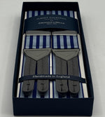 Albert Thurston for Cruciani &amp; Bella
Made in England
Adjustable Sizing
40 mm Woven Barathea&nbsp;
Grey and Bleu Stripes Braces
Braid ends
Y-Shaped
Nickel Fittings
Size Multifit Adjustable&nbsp;Length:&nbsp;115cm (= 45 inch) Maximum