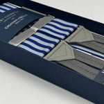 Albert Thurston for Cruciani &amp; Bella
Made in England
Adjustable Sizing
40 mm Woven Barathea&nbsp;
Grey and Bleu Stripes Braces
Braid ends
Y-Shaped
Nickel Fittings
Size Multifit Adjustable&nbsp;Length:&nbsp;115cm (= 45 inch) Maximum