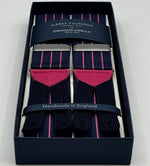 Albert Thurston for Cruciani &amp; Bella
Made in England
Adjustable Sizing
40 mm Woven Barathea&nbsp;
Bleu and Pink Stripes Braces
Braid ends
Y-Shaped
Nickel Fittings
Size Multifit Adjustable&nbsp;Length:&nbsp;115cm (= 45 inch) Maximum