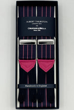 Albert Thurston for Cruciani &amp; Bella
Made in England
Adjustable Sizing
40 mm Woven Barathea&nbsp;
Bleu and Pink Stripes Braces
Braid ends
Y-Shaped
Nickel Fittings
Size Multifit Adjustable&nbsp;Length:&nbsp;115cm (= 45 inch) Maximum
