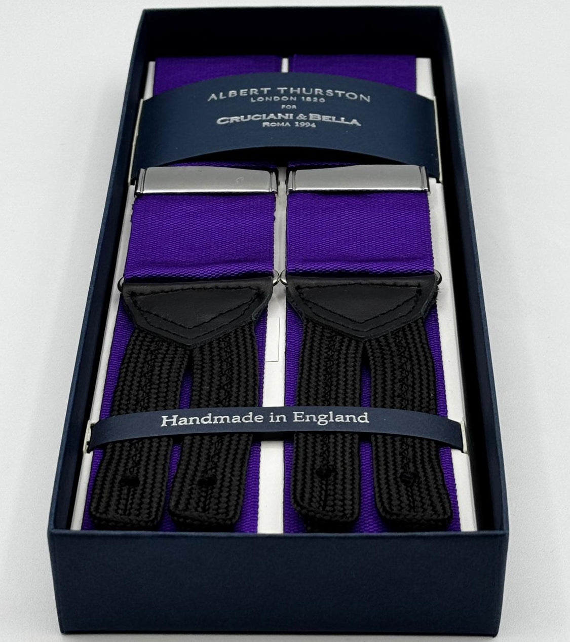 Albert Thurston for Cruciani &amp; Bella
Made in England
Adjustable Sizing
40 mm Woven Barathea&nbsp;
Purple Plain braces
Braid ends
Y-Shaped
Nickel Fittings
Size Multifit Adjustable&nbsp;Length:&nbsp;115cm (= 45 inch) Maximum