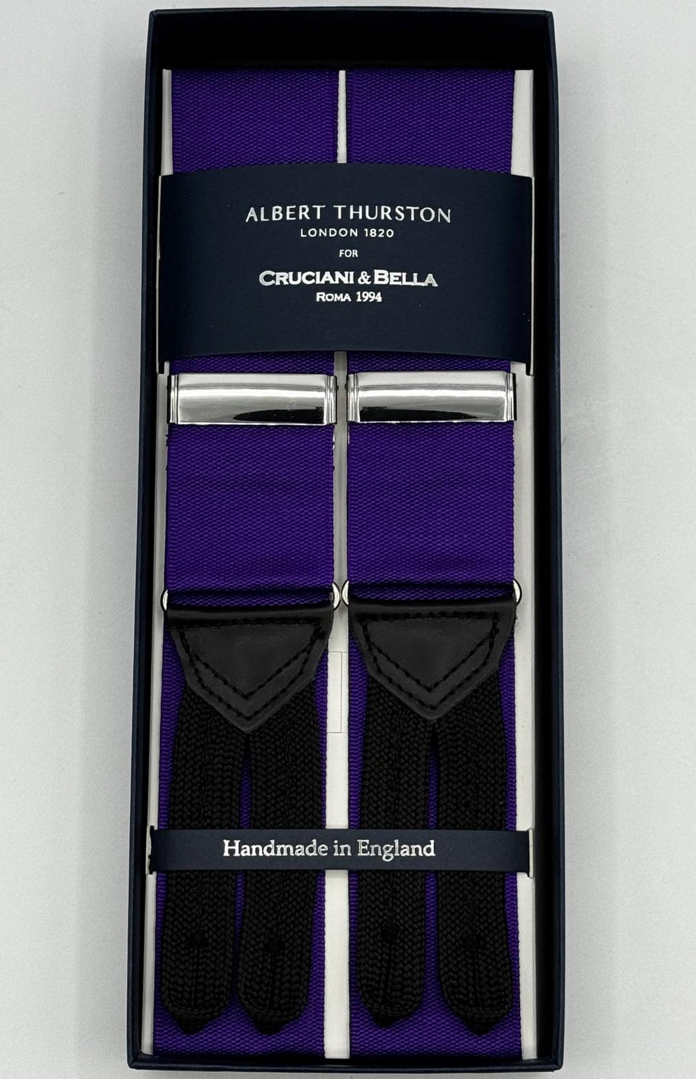 Albert Thurston for Cruciani &amp; Bella
Made in England
Adjustable Sizing
40 mm Woven Barathea&nbsp;
Purple Plain braces
Braid ends
Y-Shaped
Nickel Fittings
Size Multifit Adjustable&nbsp;Length:&nbsp;115cm (= 45 inch) Maximum