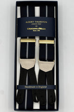 Albert Thurston for Cruciani &amp; Bella
Made in England
Adjustable Sizing
35 mm elastic Blue and Grey Stripe braces
Braid ends
Y-Shaped
Gold Fittings
Size Multifit Adjustable&nbsp;Length:&nbsp;115cm (= 45 inch) Maximum