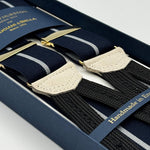 Albert Thurston for Cruciani &amp; Bella
Made in England
Adjustable Sizing
35 mm elastic Blue and Grey Stripe braces
Braid ends
Y-Shaped
Gold Fittings
Size Multifit Adjustable&nbsp;Length:&nbsp;115cm (= 45 inch) Maximum