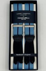 Albert Thurston for Cruciani &amp; Bella
Made in England
Adjustable Sizing
35 mm elastic Baby Blue and Blue Stripe braces
Braid ends
Y-Shaped
Nickel Fittings
Size Multifit Adjustable&nbsp;Length:&nbsp;115cm (= 45 inch) Maximum